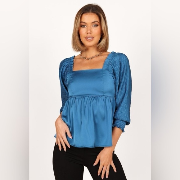 NWT Petal & Pup Montana Satin Babydoll Blue Top Long Sleeves Sz Large - Picture 7 of 12